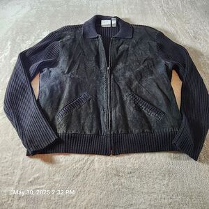 Chico's Design Women's Size 3 (16/Large) Black Leather/Suede Front Sweater Back